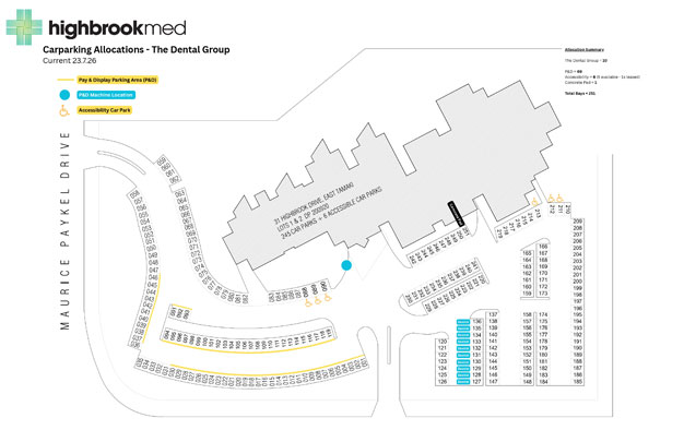 Highbrook Medical Centre car park plan, showing the parking allocated to The Dental Group