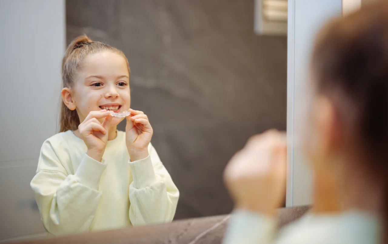 A child putting in a clear aligner in front of the mirror